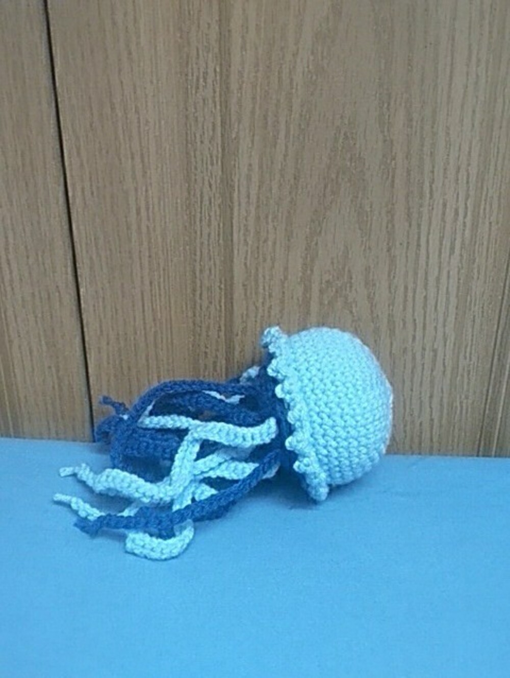 Handmade Crocheted Jellyfish in Light Blue and Navy - Picture 5 of 5